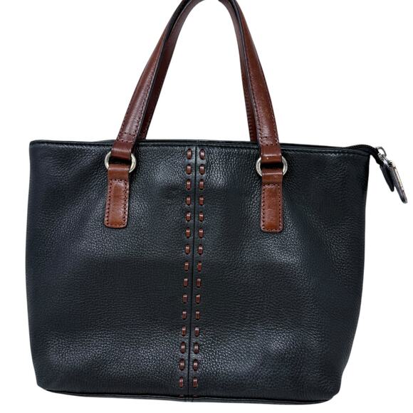 Vintage Fossil Black Leather Shoulder Bag Brown Leather Stitching Double Handles - Picture 1 of 6